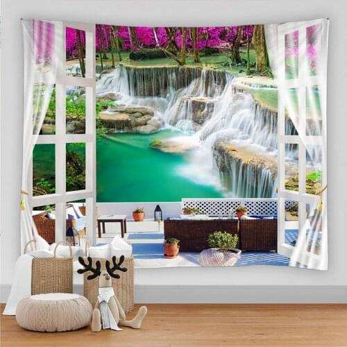 Beautiful Natural Forest Tapestry Wall Hanging Waterfall Landscape Printed Tapestries Boho Bedroom Wall Rug Couch Blanket 8 Size