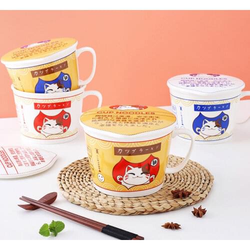 Cat Creativity Ceramic Cup with Spoon Lid Ceramics Instant Noodle Bowl Dorm Room Student Office High Capacity Bowl Mug