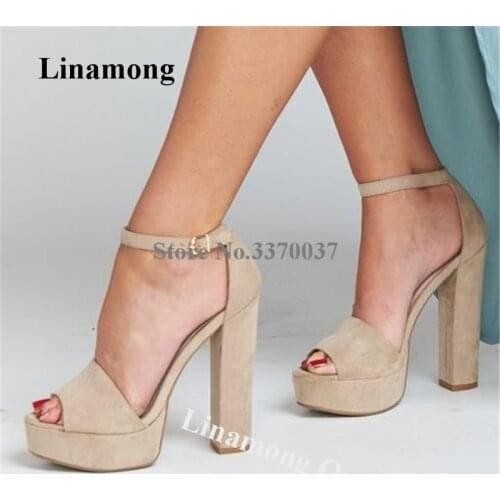 Linamong Women Elegant Peep Toe Suede Leather High Platform Chunky Heel Sandals Beige Ankle Strap Buckle Thick High Heel Sandals