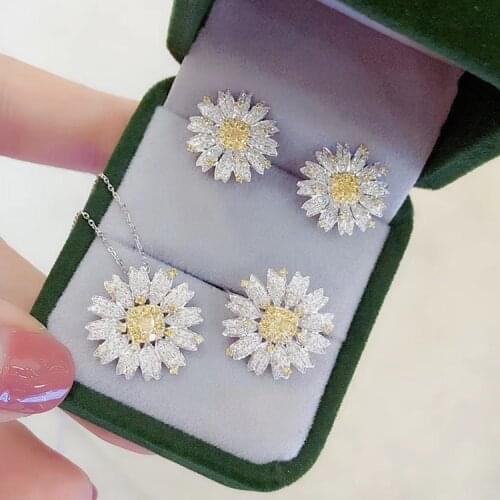 QTT Trendy Cute Daisy Flower 925 Silver Jewelry For Women Dazzling CZ Pendants Necklace Earrings Resizable Ring Fine Jewelry