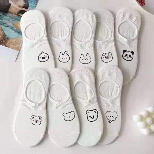 5 pairs summer pure white woman socks slippers cute cartoon elephant rabbit panda socks Harajuku kawaii girl invisible socks