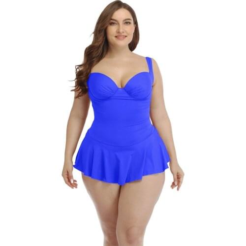 2020 New Large-size Swimwear Skirt-style Solid-color Skin-friendly Fabric Swimwear Women Cross-border One Piece Swimsuit