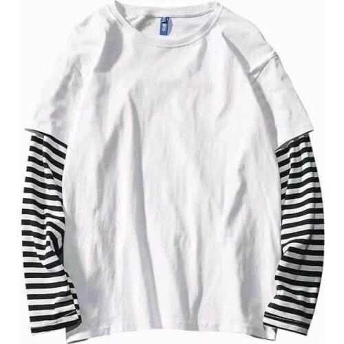 2021 New Oversized Tees Clothes Tshirt Long Sleeve Fake Two-piece T Shirt Striped Big Shirts Men Clothing Men Fashion