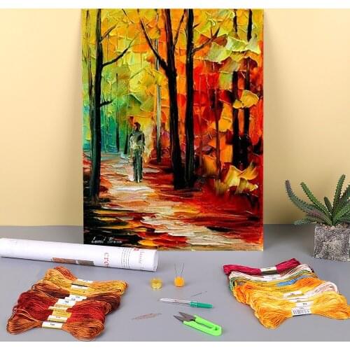 Fall Alley Printed Fabric 11CT Cross-Stitch DIY Embroidery Full Kit DMC Threads Knitting work Craft Painting Promotions