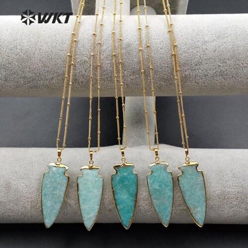 WT-N1003 WTK Wholesale Custom Natural Amazonite Stone Necklace Green Anchor Pendant With Stalite Beads Chain For Fashion Jewelry