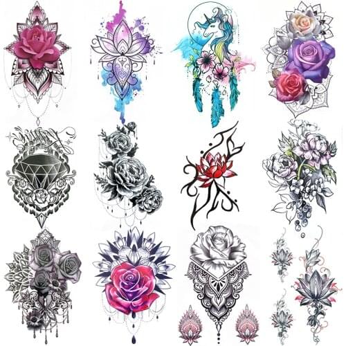 Sexy Mandala Flower Tattoos Sticker Fo Women Adult Fake Rose Peony Lotus Temporary Tattoo Realistic Decoration Tatoo Paper
