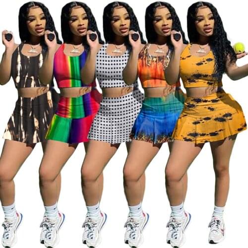 Sexy Tie Dye Sportswear 2 Piece Set Vest Crop Top Mini Skirts Summer Outfits for Women Leopard Print Matching Dress Sets