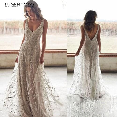 Party Dress Women Sexy Deep V-neck Shiny Sleeveless Backless Dresses Female Empire Big Swing Dinner Long Dress Lugentolo