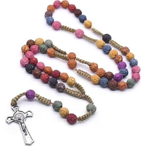 Religious Prayer Short Colorful Rose Beads Chain Catholic Cross Pendants Rosary Necklaces Christ Jesus Church Jewelry