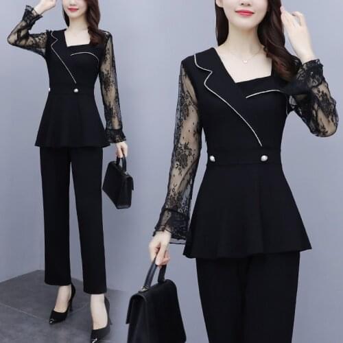 Mesh Patchwork Long Sleeve Square Collar Slim Top Elastic High Waist Pant Women Clothes Set Fashion Plus Size Female 2 Piece