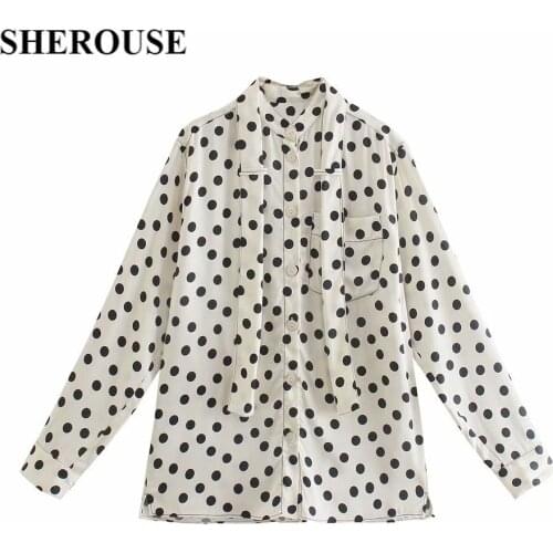 SHEROUSE 2021 Vintage Women Polka Dot Printed Blouses Shirt Lapel Collar with Ribbon Fashion Chic Lady Shirts Tops Woman