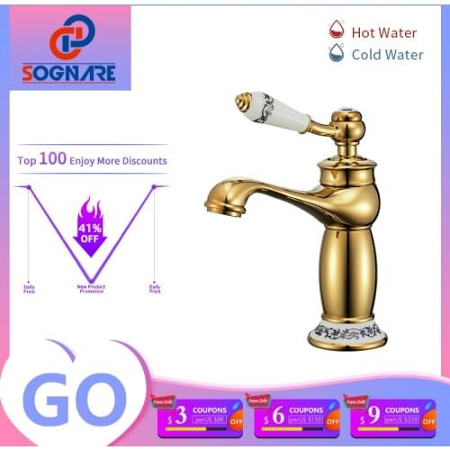 Basin Faucet Modern Europe Faucet Bathroom Faucet Gold Finish Hot & Cold Brass Basin Sink Faucet Single Handle with Ceramic Taps