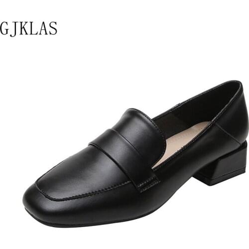 Loafers Women Square Toe Chunky Heels Shoes Leather Big Size 43 Pumps Elegant Women Shoes Low Heels Fashion Ladies Dress Shoes