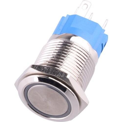 Universal 16mm Car Engine Start Push Button Switch Ignition Starter Latching Red LED Ring 5 Pin Self-Locking IP67 Silver 12V