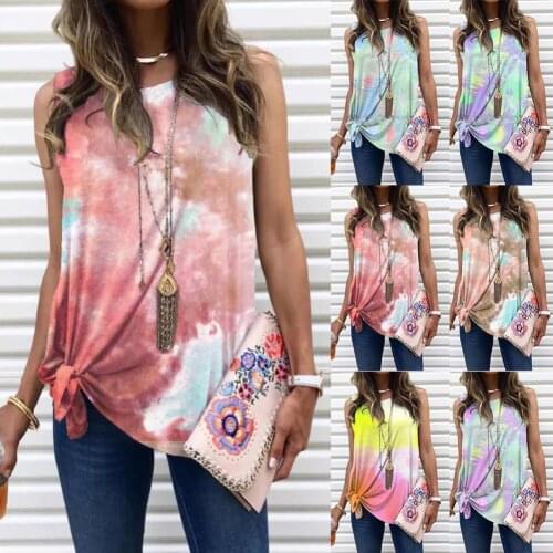 S-5XL Women Tie Dye Sleeveless Twist Knot Round Neck Casual Blouse T-Shirt Top Vest sleeveless Soft Loose Top Plus Size Clothing