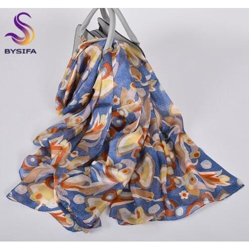 [BYSIFA] Scarves Printed Foulard New Luxury Brand 100% Pure Silk Neck Scarf Hijab Shawl Women Blue Khaki Long Scarves 180*110cm