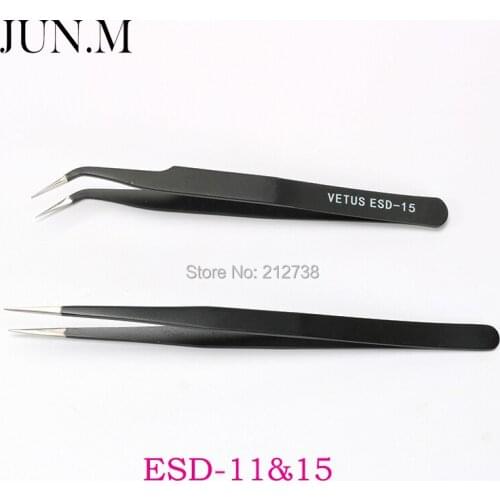2pcs x VETUS ESD-11&2pcsxESD-15 Straight&Curved Black Eyelash Tweerzers for Eyelash Extension