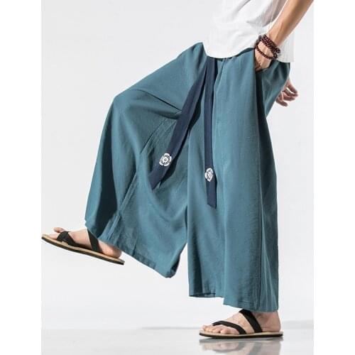 2020 Men Wide Leg Pants Mens Cotton Joggers Retro Loose Trousers Man Chinese Style Linen Pants Male Big Crotch Nepal Robe Pants