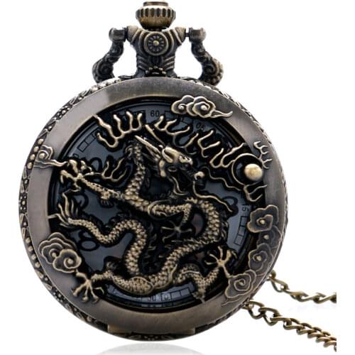 Antique Pocket Watch Dragon Carving Design Bronze Fob Clcok With Necklace Chain For Men Women Gift P905