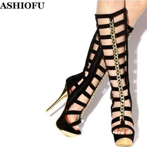 ASHIOFU Handmade Sexy Women Sandals Chains Deco Cut-out Club Party Summer Shoes Platform Evening Fashion High Heel Sandals Shoes