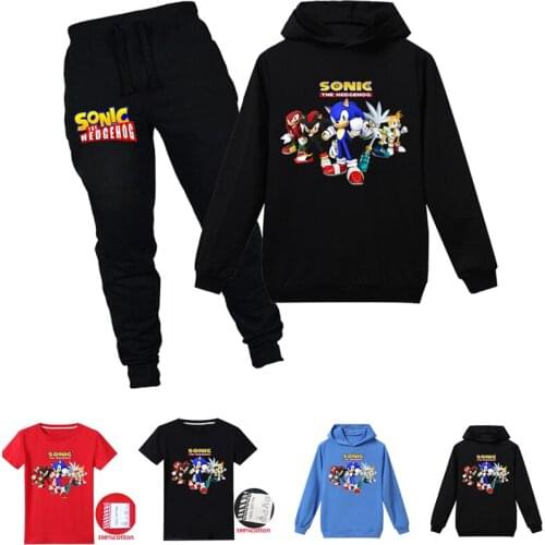 2020 childrens Sonic the Hedgehog cartoon printed Hooded T-shirt sweater trousers sports leisure street trend childrens suit