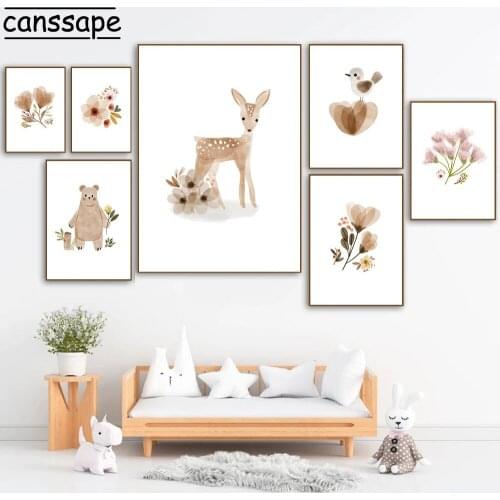 Nursery Wall Art Print Bird Paintings Deer Posters Bear Prints Flower Painting Nordic Wall Pictures Kids Bedroom Decoration