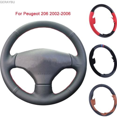 GERAYBU Custom DIY Black Leather Hand-sewn Car Steering Wheel Cover For Peugeot 206 1998-2005 206 SW 2003-2005 206 CC 2004 2005