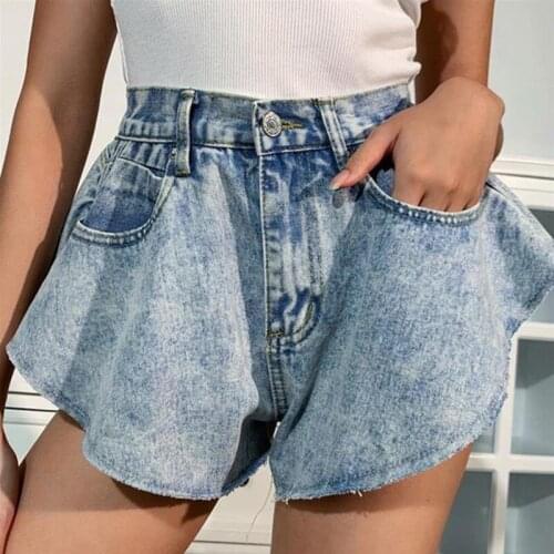 Hot Sale Women Irregular Wide Legjeans Shorts Summer Pocket Denim Short Fashion Lady Casual High Waist Shorts Jeans Plus Size