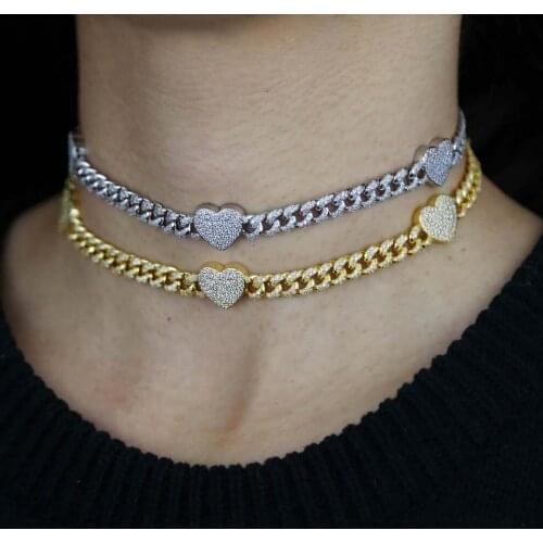 Iced out Hip Hop Cuban Chain Choker Necklace with Bling Cz Paved 32+10cm Necklace for Women Fashion Female Vanlentines Charm