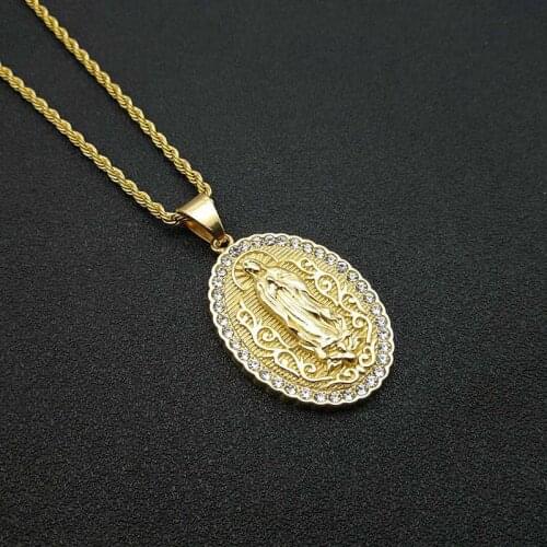 Hip Hop Iced Out Virgin Mary Necklaces Gold Color Stainless Steel Pendant & Chains For Men Women Christian Jewelry Dropshipping