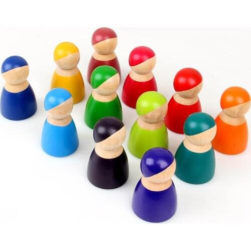 1Set Montessori Toys Grimms 12 Color Rainbow Friends Peg Dolls Wooden Toys Pretend Play People Figures Doll Colorful Blocks