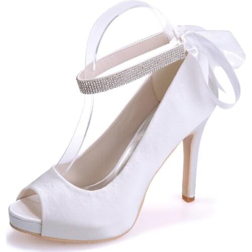 Classic Elegant Satin Women Evening Dress Open Peep Toe Shoes Wedding Bridal Heels Rhinestone Ankle Strap Ribbon tie platform