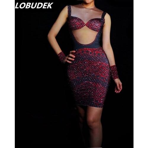 Nightclub Bar Female Singer Stage Wear Sparkly Rhinestones Skinny Short Dress Prom Party Celebration Host Performance Dresses