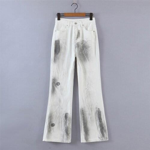 Korean fashion jeans baggy women jeans pants 2021 print denim trousers vintage jeans woman high waist wide leg pants white