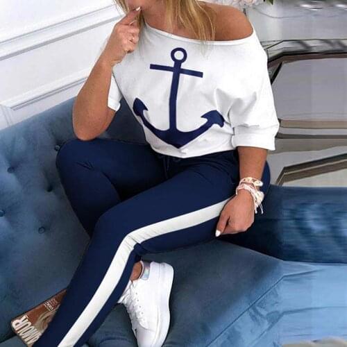Donsignet Fashion Womens Suit New Round Neck Pullover Navy Sports Suit Anchor Printing Two-piece Sets Women Clothing Long Pants