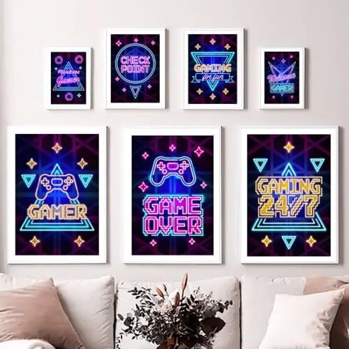 Colorful Game Console Retro Gamer Neon Lights Wall Art Canvas Painting Nordic Posters And Prints Wall Pictures Gaming Room Decor