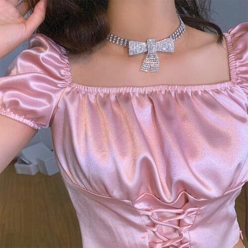 CZ Micro Pave Bowknot Collar Necklace Bow-knot Crystal Choker for Women Girl Party Jewelry Rhinestone Inlaid Bow Tie Ribbon #4F