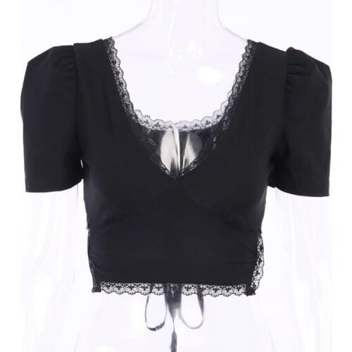 Summer Shirts New Skinny Elastic V-Neck Short Sleeve Women Crop Tops Backless Hollow Out Patchwork Laceup Black Sexy