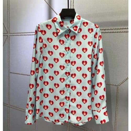 Pieces 2 Runway Fashion Sets 2021 Spring Summer Blue Elegant Blouse + Pleated Skirts Red Hearts Print Luxury Twinset