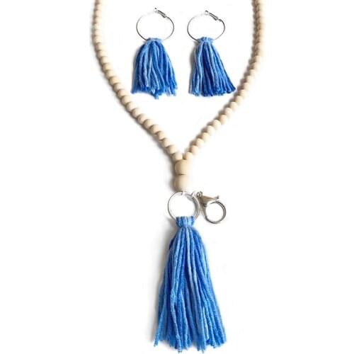 Handmade Tassel Wood Bead Boho Sea Style Multifunction Key Ring Earrings Necklace Statement Casual Charm Vintage Jewelry Set