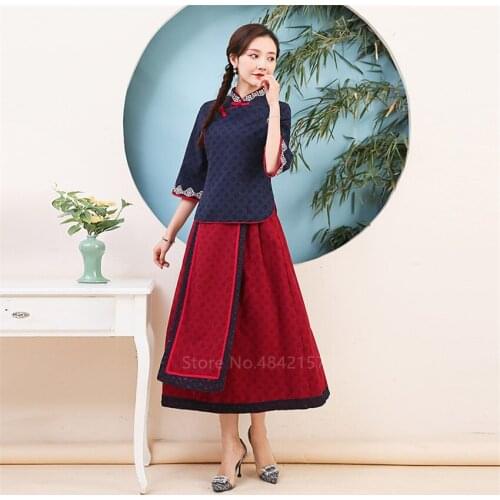 New Chinese Traditional Clothing Cheongsam for Women Female Casual Cotton Elegant Fancy Embroidery Tang Suit Top Skirt Set Qipao