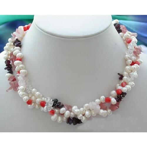 3Rows Red Corales,Pink Crystal,White Freshwater Cultured Pearl Necklace,Handmade, Perfect Women Wedding Birthday Party Gift