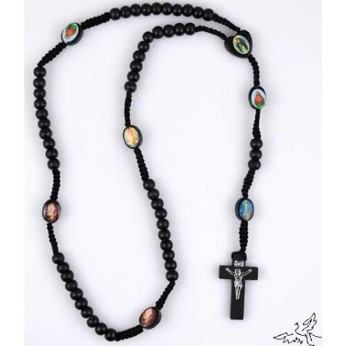 Holy Icon Wooden Rosary Beads Necklace Jesus Cross Pendant Necklaces Wood Catholic Fashion Religious Jewelry