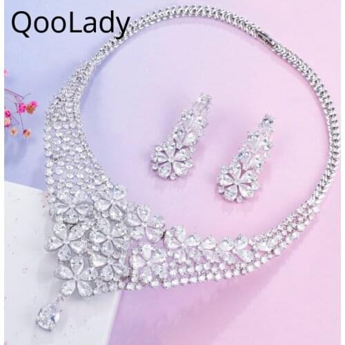 QooLady Top New White Flower Stone CZ Setting Heavy Nigeria Necklace Earrings Wedding Bridal Dress Statement Jewelry Sets Z045