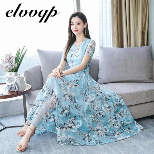 Plus Size 4XL Elegant Chiffon Big Swing Floral Print dress summer Short Sleeve V-Neck A-Line Bohemian beach party Dresses LU1931