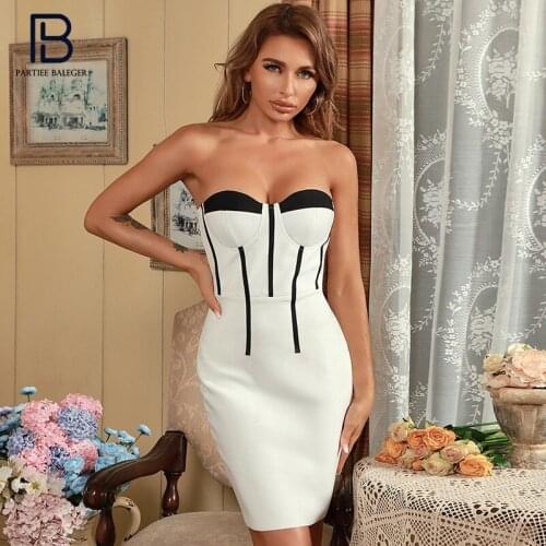 PB Stylish High Waist Color Block Mini Dress Sexy Strapless Sleeveless Celebrity Party Club Bandage Vestido Free Shipping