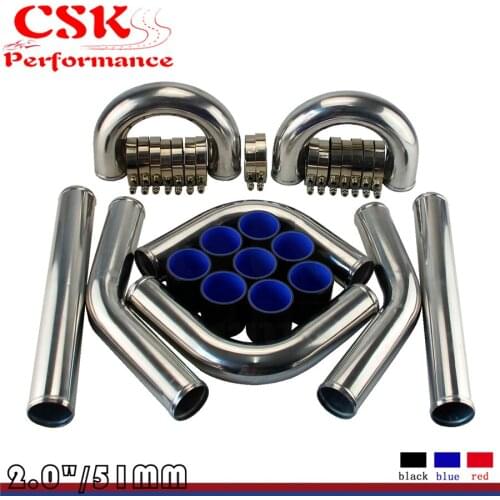 TURBO INTERCOOLER PIPE 2" CHROME ALUMINUM PIPING PIPE TUBE+T-CLAMPS+SILICONE HOSES BLACK