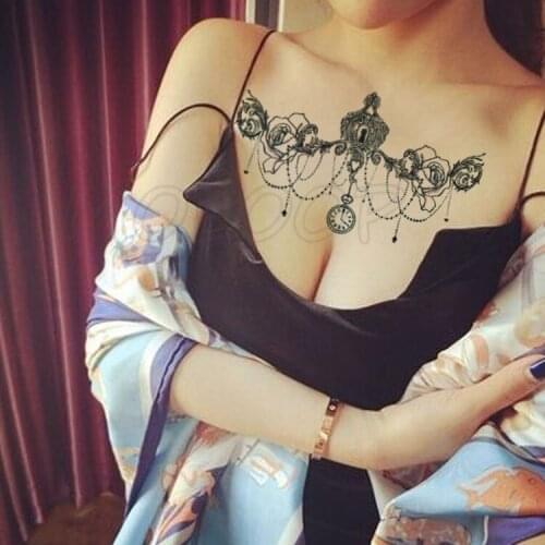 Temporary Tattoo Sticker pocket watch rose flower black sexy chest back Fake Tatoo waterproof Flash Tatto Art for Woman girl