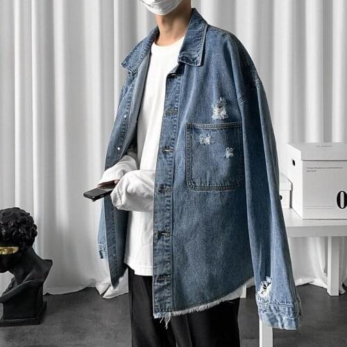 High quality Bomber Denim Jacket MenS Ripped Holes Lt Blue Jean Jackets New 2021 Autumn/Spring Garment Washed Mens Denim Coat