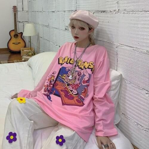 Japan Harajuku T Shirt Women top Autumn Long Sleeve Fun Ulzzang T-Shirt Cute Bf Tshirt Cartoon Print Top Tees Student Plus Size